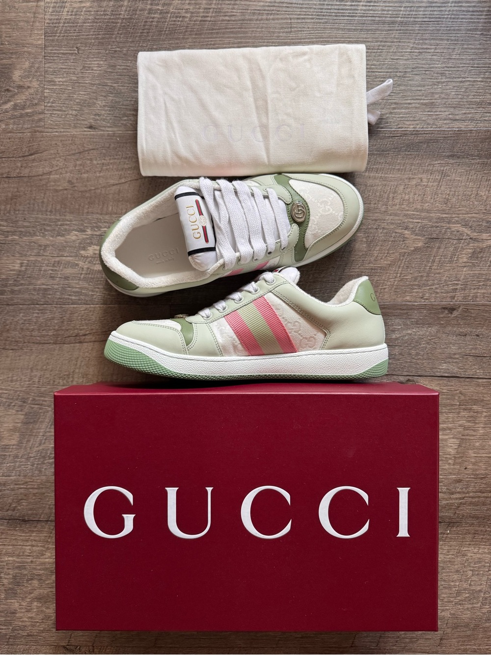 Gucci Screener with Web Original GG Canvas & Leather Green Low Top Sneakers